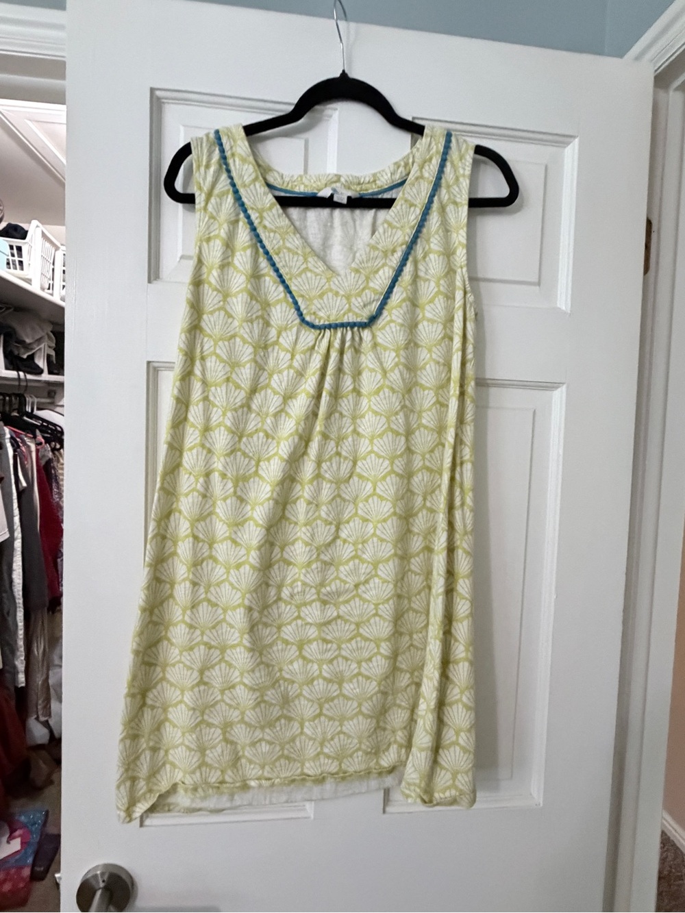 Boden Sleeveless Mini Dress in Light Yellow and Blue Trim